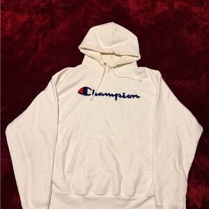 Champion White Hoodie with Blue Logo